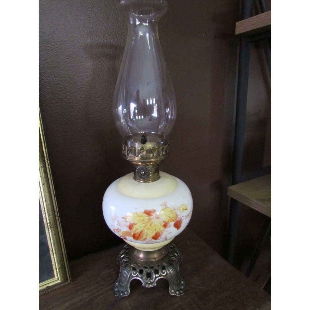Vintage Oil Lamp with Hand Painted Floral Frosted Glass Shade Ornate Base - Picture 5 of 5